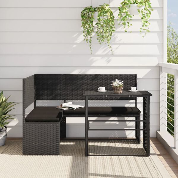 vidaXL Tuinbank met tafel en kussens L-vormig poly rattan zwart