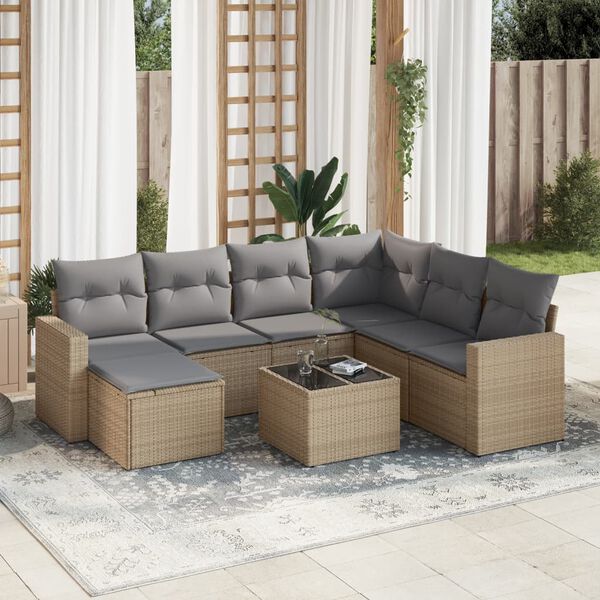 vidaXL 8-delige Loungeset met kussens poly rattan beige