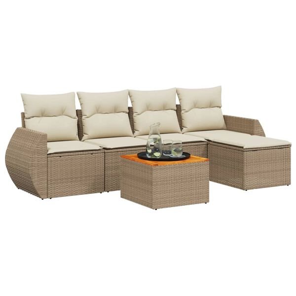 vidaXL 6-delige Loungeset met kussens poly rattan beige