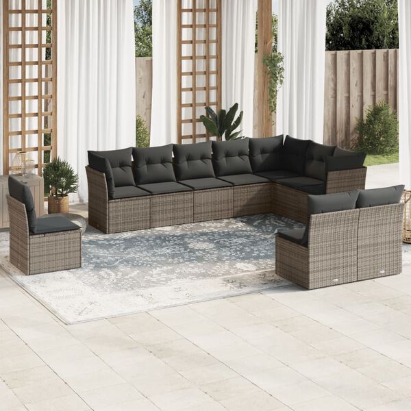 vidaXL 10-delige Loungeset met kussens poly rattan grijs