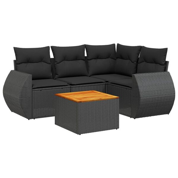 vidaXL 5-delige Loungeset met kussens poly rattan zwart