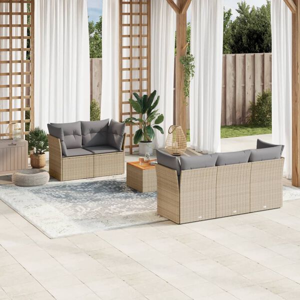 vidaXL 6-delige Loungeset met kussens poly rattan beige