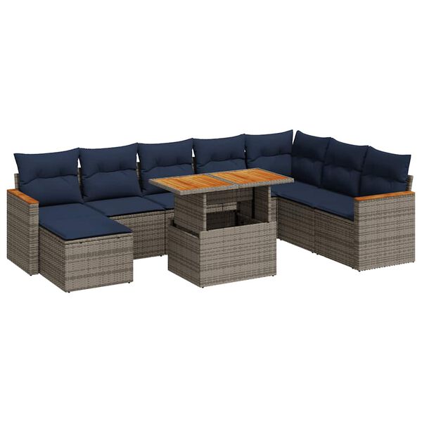 vidaXL 9-delige Loungeset met kussens poly rattan grijs