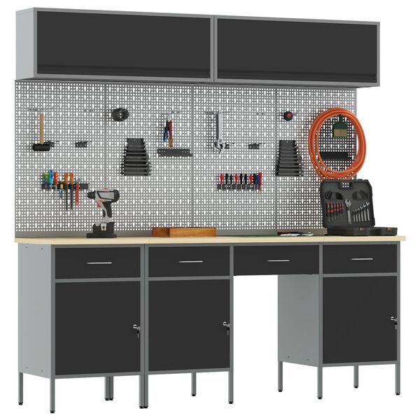 vidaXL Werkbank met lade met slot 10 pcs Zwart 200 x 55 x 200 cm Staal