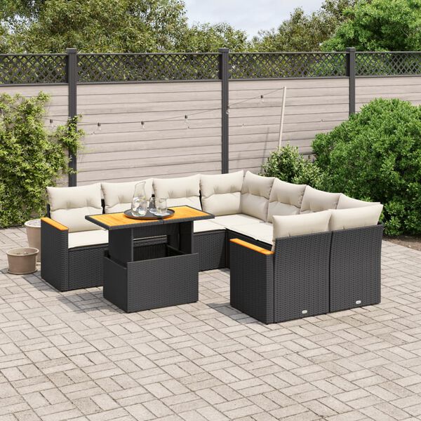 vidaXL 9-delige Loungeset met kussens poly rattan zwart