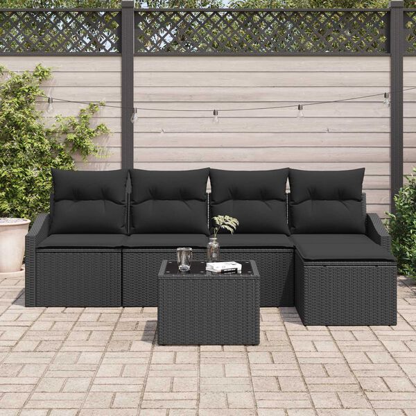 vidaXL Bankstel met kussen met opslag 6 pcs Zwart poly rattan