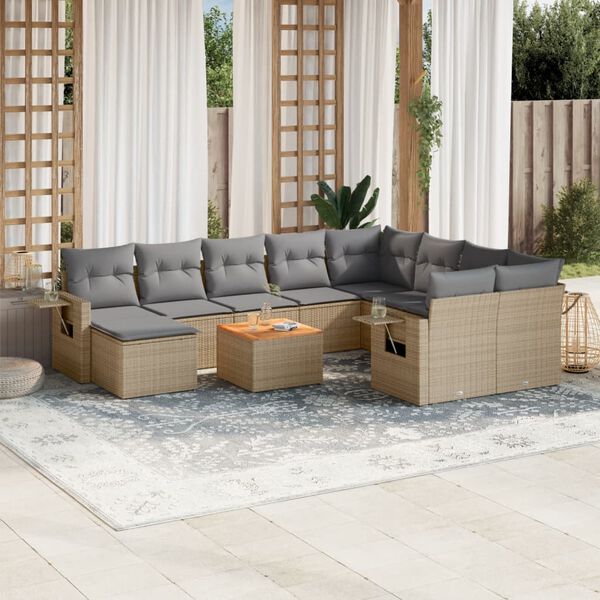 vidaXL 11-delige Tuinset met kussens poly rattan beige