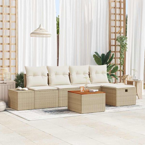 vidaXL Tuinbankenset met kussen met opslag 6 pcs Beige poly rattan
