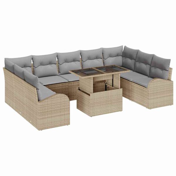 vidaXL Tuin Sofa Set met kussen met opslag 10 pcs Beige Poly riet