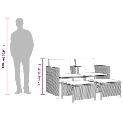 vidaXL Tuinbank 2-zits met tafel en voetenbanken poly rattan grijs