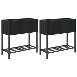 vidaXL Plantenbakken met schap 2 st 70x28x70 poly rattan zwart