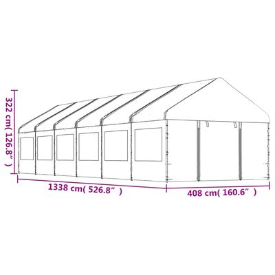 vidaXL Prieel met dak 13,38x4,08x3,22 m polyetheen wit