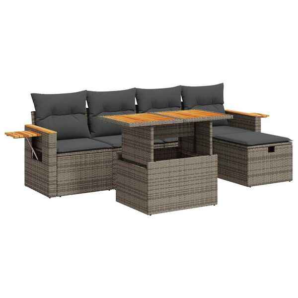 vidaXL 6-delige Loungeset met kussens poly rattan grijs
