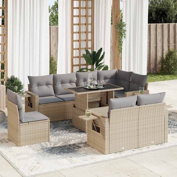 vidaXL 9-delige Loungeset met kussens poly rattan beige