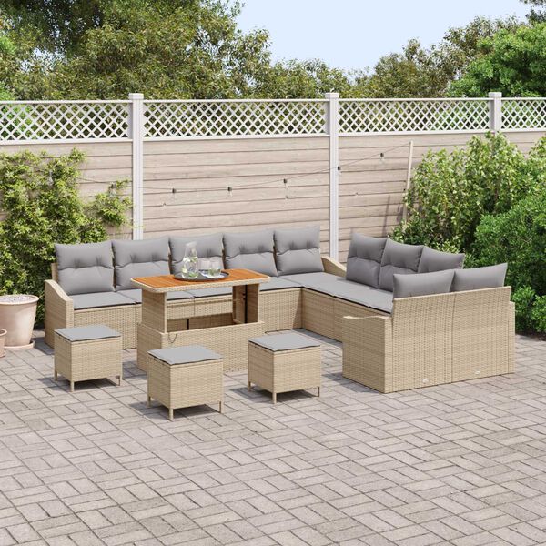 vidaXL Tuinbankenset met kussen met opslag 13 pcs Beige Poly riet