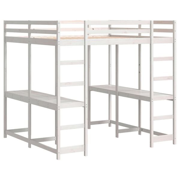 vidaXL Hoogslaper met bureau en ladder grenenhout wit 180x200 cm