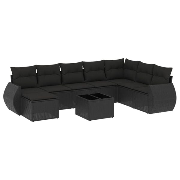 vidaXL 9-delige Loungeset met kussens poly rattan zwart