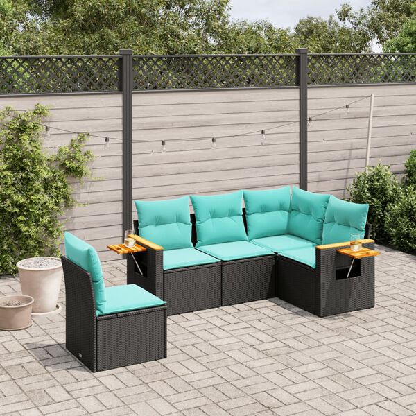 vidaXL 5-delige Loungeset met kussens poly rattan zwart