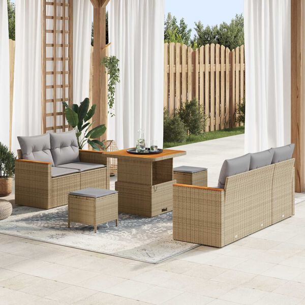 vidaXL Tuin Sofa Set met kussen met opslag Beige Poly riet