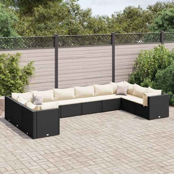 vidaXL 10-delige Loungeset met kussens poly rattan zwart