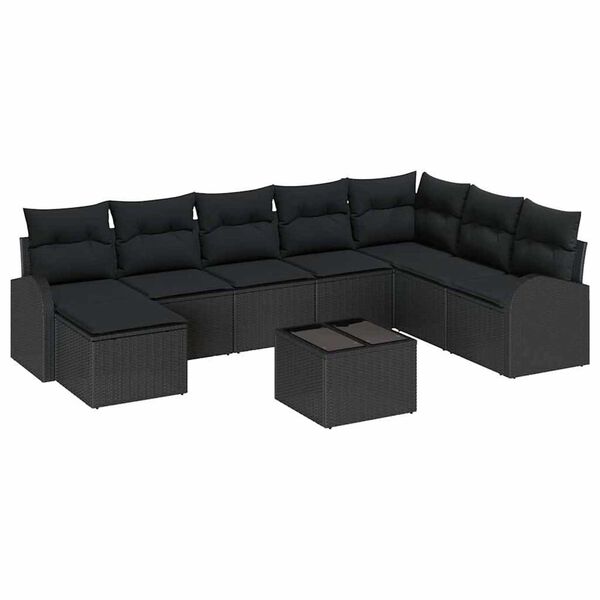vidaXL Bankstel met kussen met opslag 9 pcs Zwart poly rattan