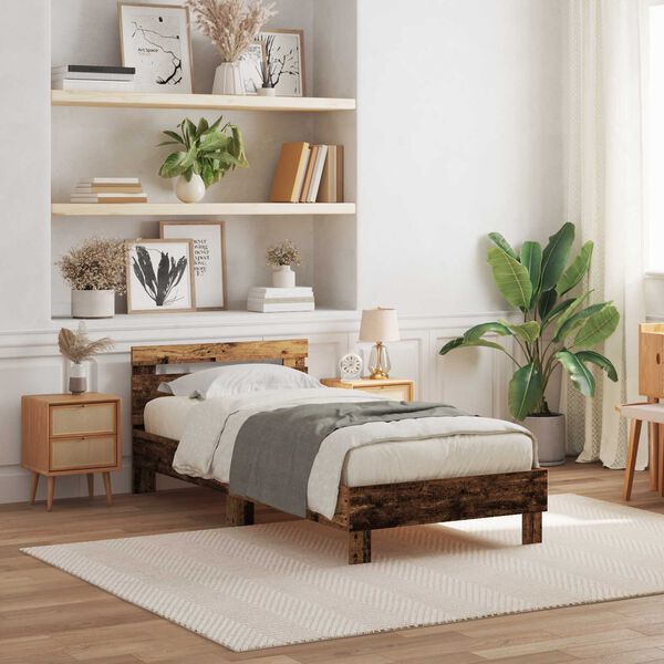 vidaXL Bedframe met LED Oudhout 100 x 200 cm Bewerkt hout