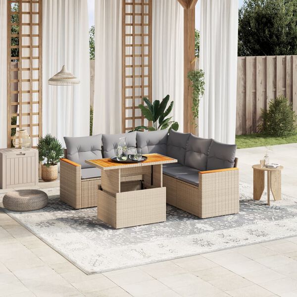 vidaXL 6-delige Loungeset met kussens poly rattan beige