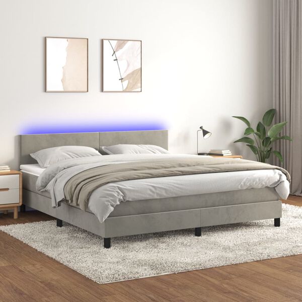 vidaXL Boxspring met matras en LED fluweel lichtgrijs 180x200 cm