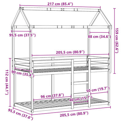 vidaXL Stapelbed met bedhuis massief grenenhout wasbruin 90x200 cm