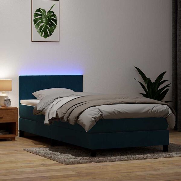 vidaXL Boxspring met matras en LED fluweel donkerblauw 90x220 cm