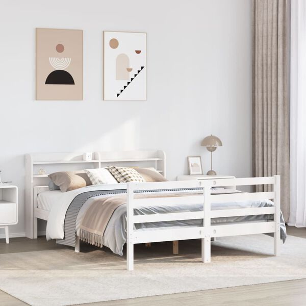 vidaXL Bedframe met hoofdbord massief grenenhout wit 135x190 cm