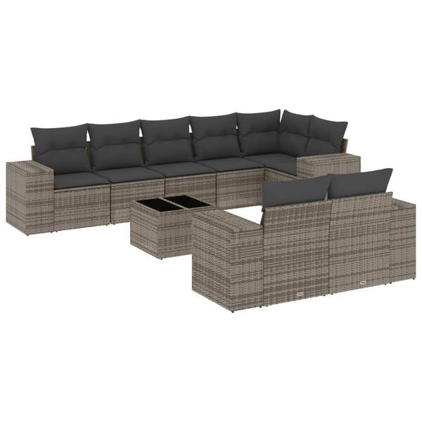vidaXL 9-delige Loungeset met kussens poly rattan grijs