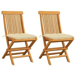 vidaXL Opklapbare stoelen met cr&egrave;mekleurige kussens, 2 stuks, massief teakhout