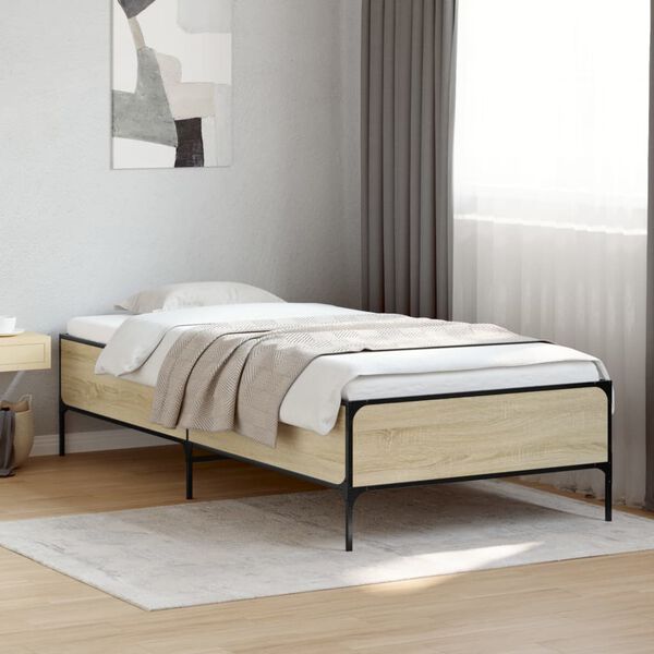 vidaXL Bedframe bewerkt hout en metaal sonoma eikenkleurig 90x190 cm