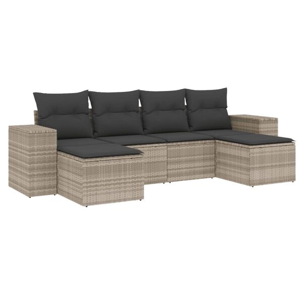 vidaXL 6-delige Loungeset met kussens poly rattan lichtgrijs