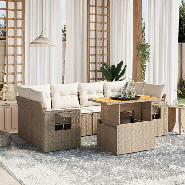 vidaXL 7-delige Loungeset met kussens poly rattan beige