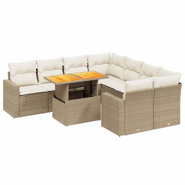 vidaXL 9-delige Loungeset met kussens poly rattan beige