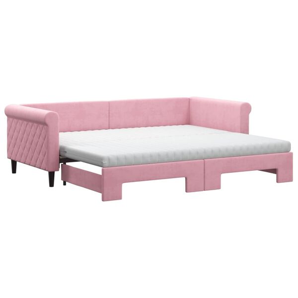 vidaXL Slaapbank onderschuifbed en matrassen 90x200 cm fluweel roze