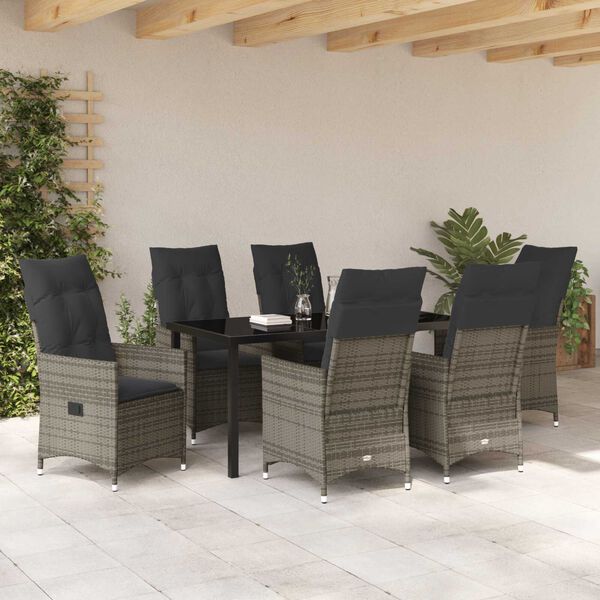vidaXL Tuin eettafelset met kussen 7 pcs Grijs poly rattan