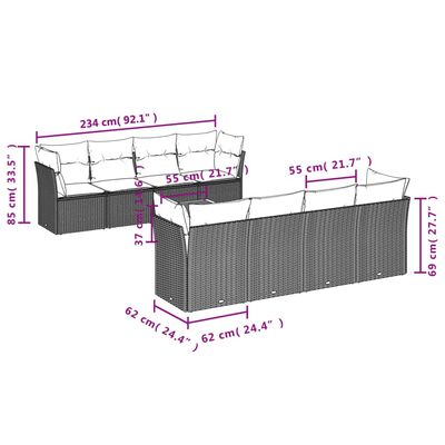 vidaXL 9-delige Loungeset met kussens poly rattan zwart