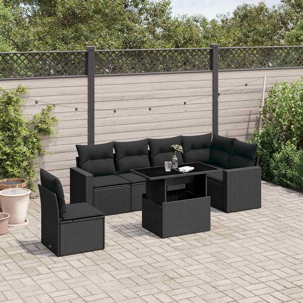 vidaXL 7-delige Loungeset met kussens poly rattan zwart