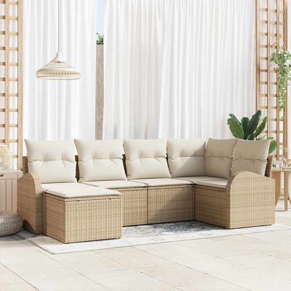 vidaXL Bankstel met kussen met opslag 6 pcs Beige en Wit poly rattan