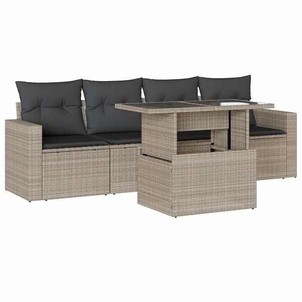 vidaXL 5-delige Loungeset met kussens poly rattan lichtgrijs