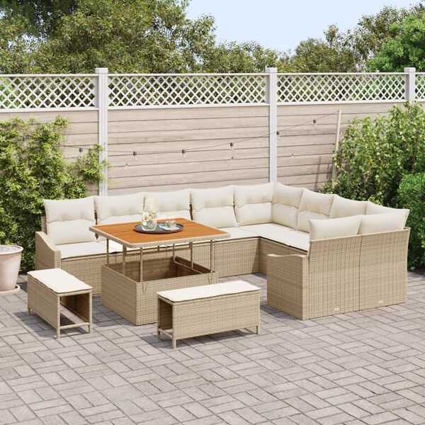 vidaXL Tuinbankenset met kussen met opslag 12 pcs Beige Poly riet