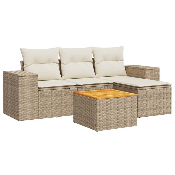 vidaXL 5-delige Loungeset met kussens poly rattan beige