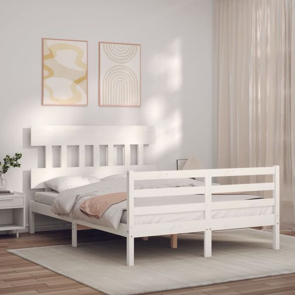 vidaXL Bedframe met hoofdbord massief hout wit 140x190 cm