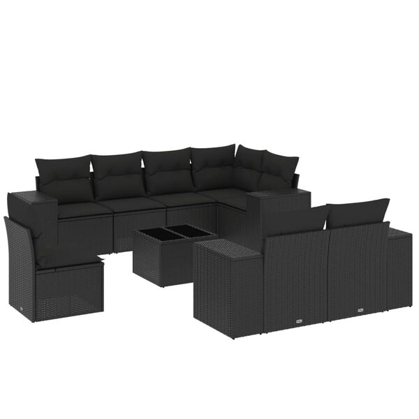 vidaXL 9-delige Loungeset met kussens poly rattan zwart
