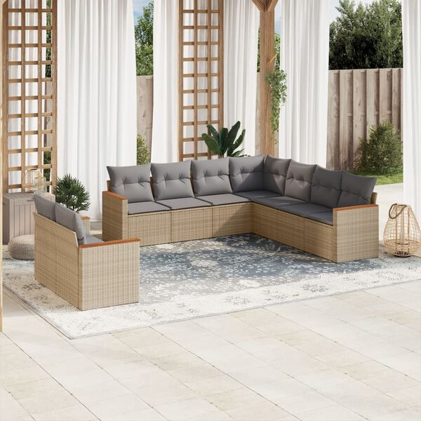 vidaXL 9-delige Loungeset met kussens poly rattan beige
