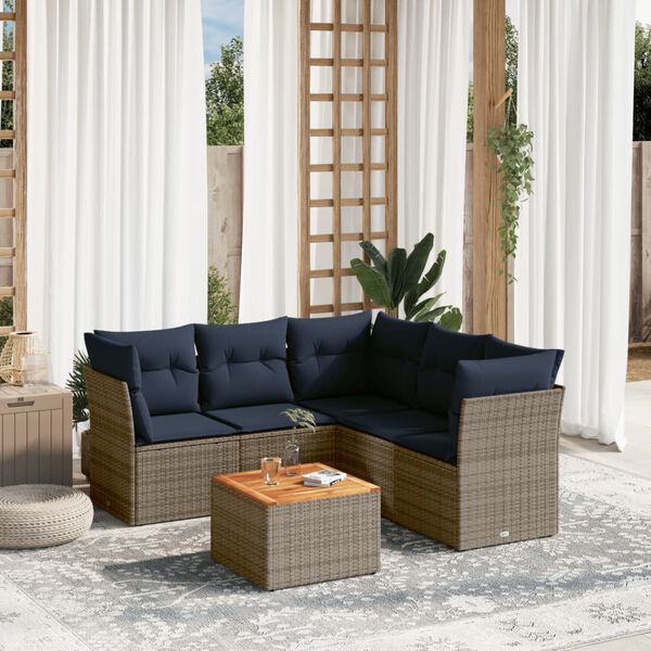 vidaXL 6-delige Loungeset met kussens poly rattan grijs