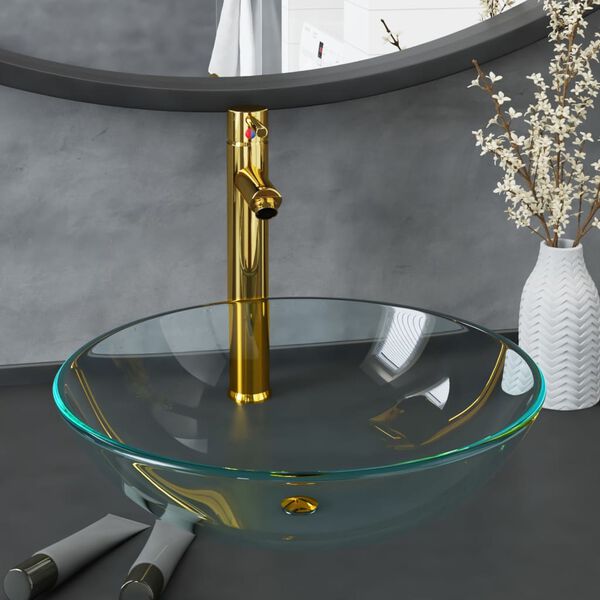 vidaXL Wastafel met kraan en pop-up afvoer gehard glas transparant